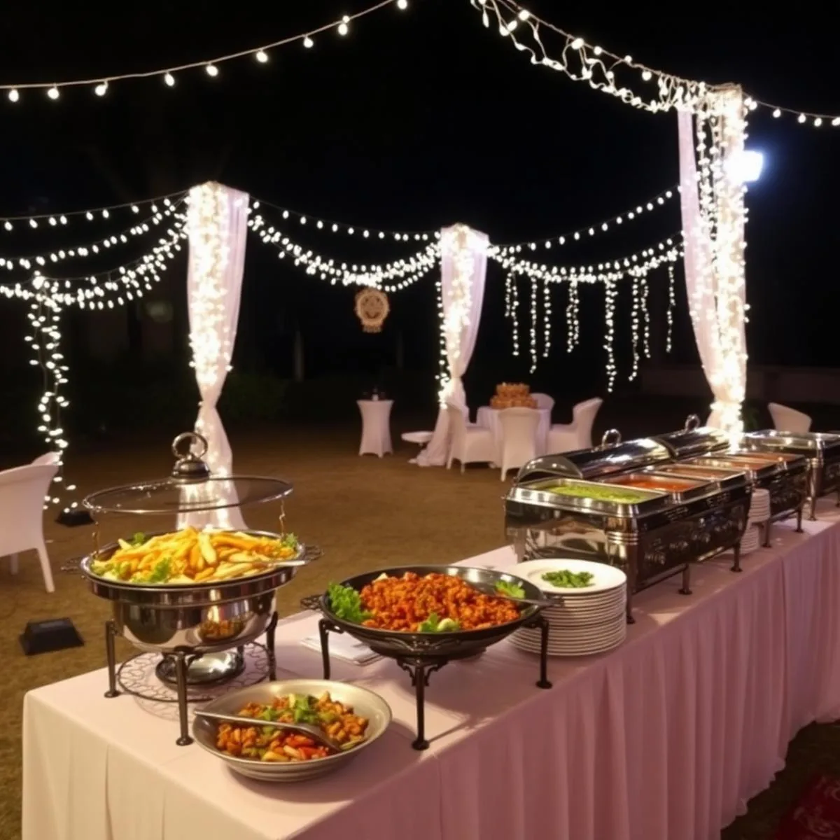 Outdoor vegetarian catering setup with buffet service and warm lights