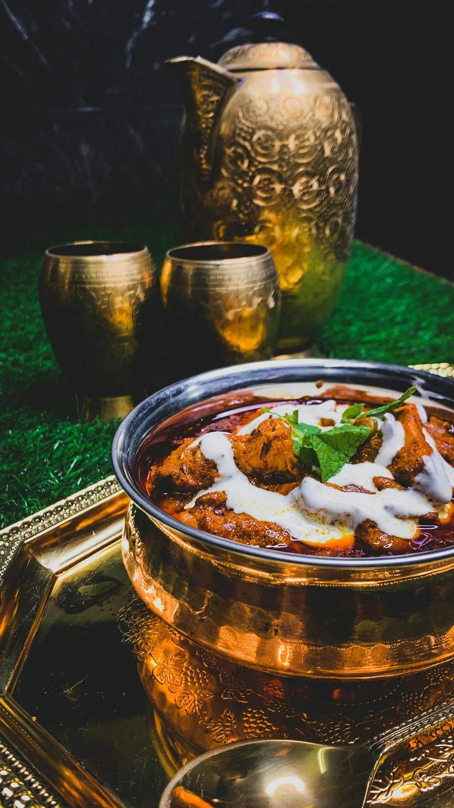 North Indian vegetarian platter with tandoori breads and rich accompaniments
